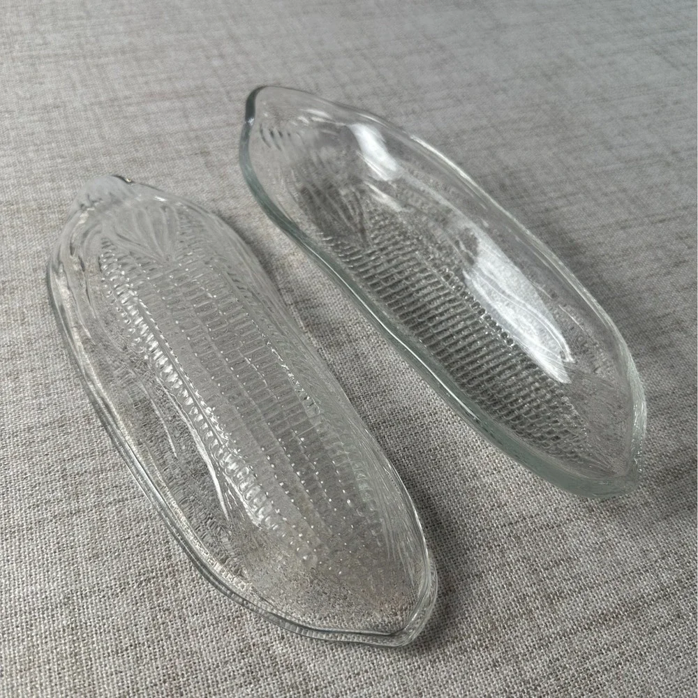 Vintage Set of 2 Glass Corn on the Cob Dishes | Corn-Shaped Serving Plates